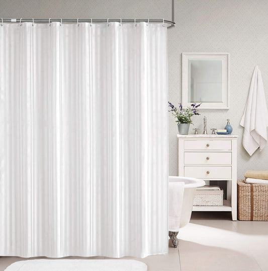 Elegant White Satin Stripe Shower Curtain with Steel Eyelets – Antifungal & Waterproof (180x180 cm)